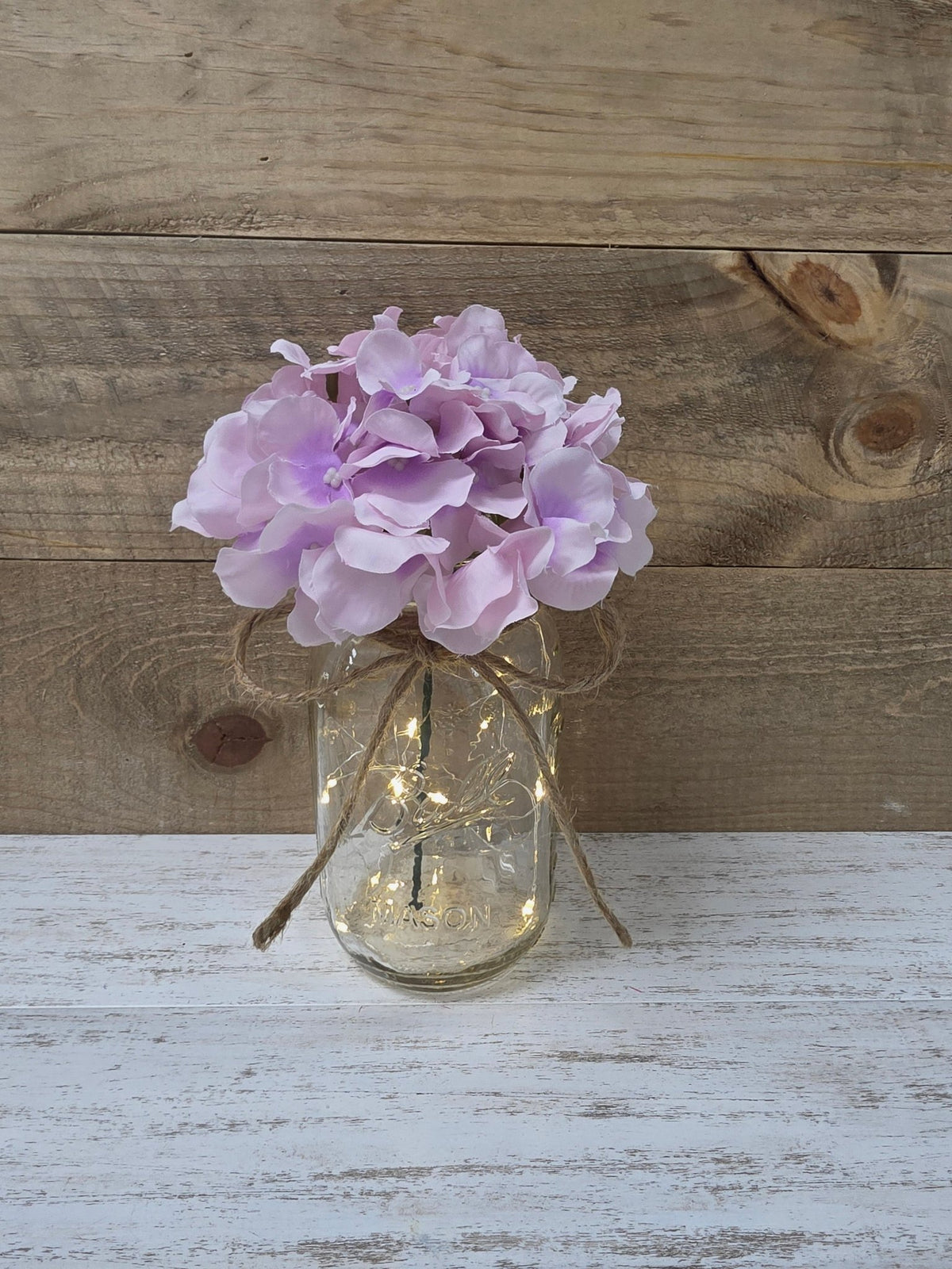 Lavender Silk Hydrangea Lighted Mason Jar Centerpiece - Glassy Gal Decor