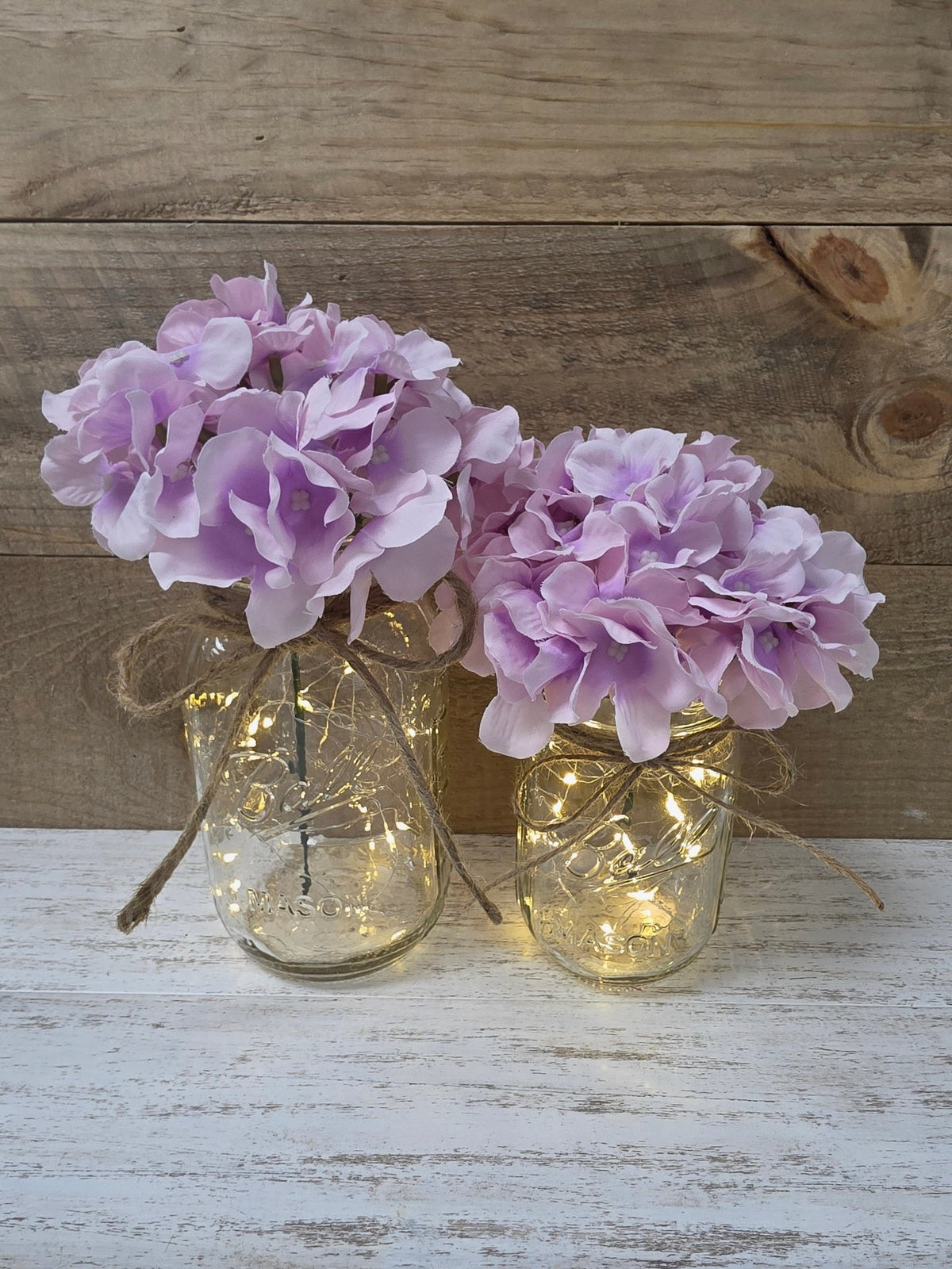 Lavender Silk Hydrangea Lighted Mason Jar Centerpiece - Glassy Gal Decor