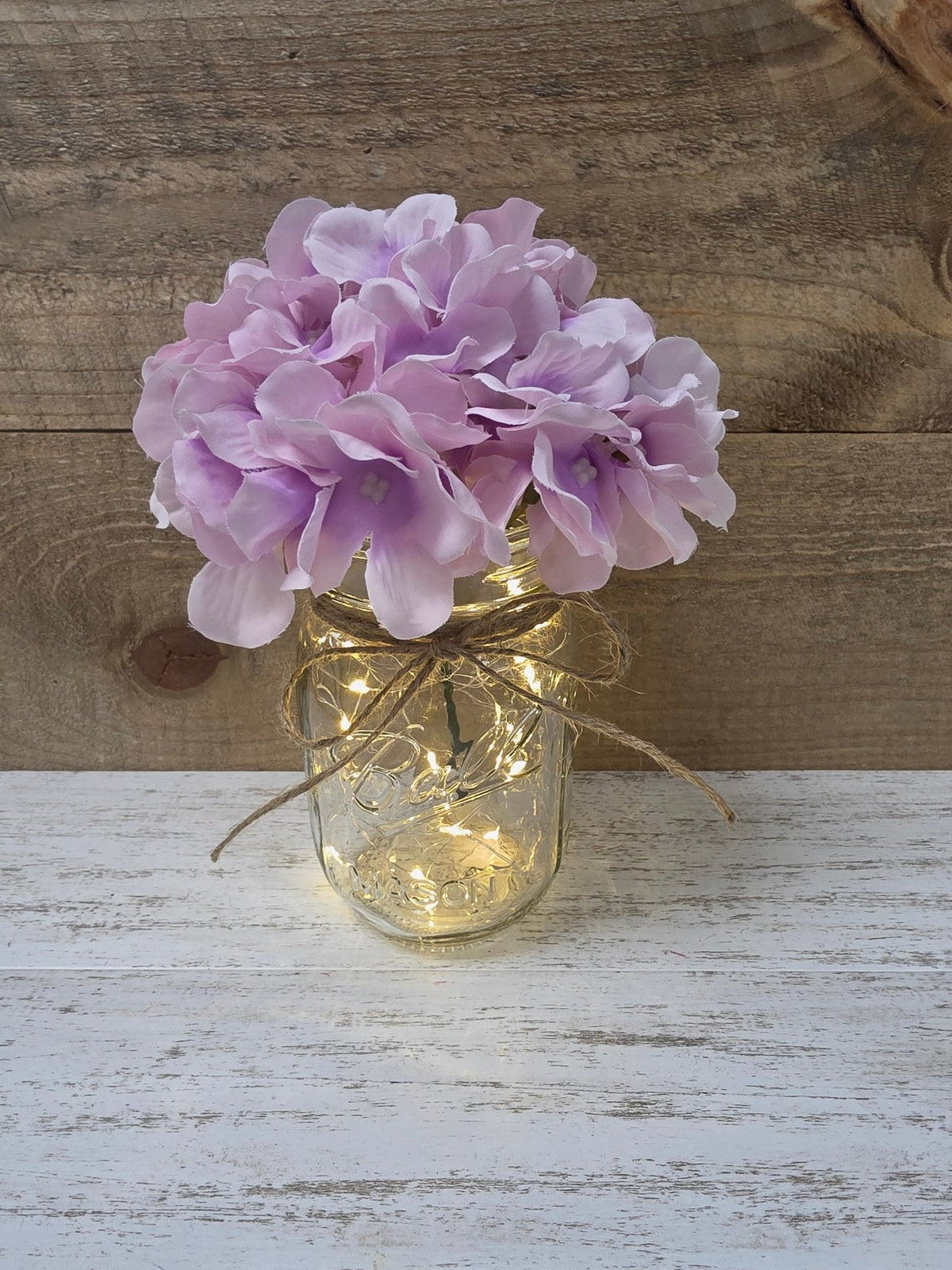 Lavender Silk Hydrangea Lighted Mason Jar Centerpiece - Glassy Gal Decor