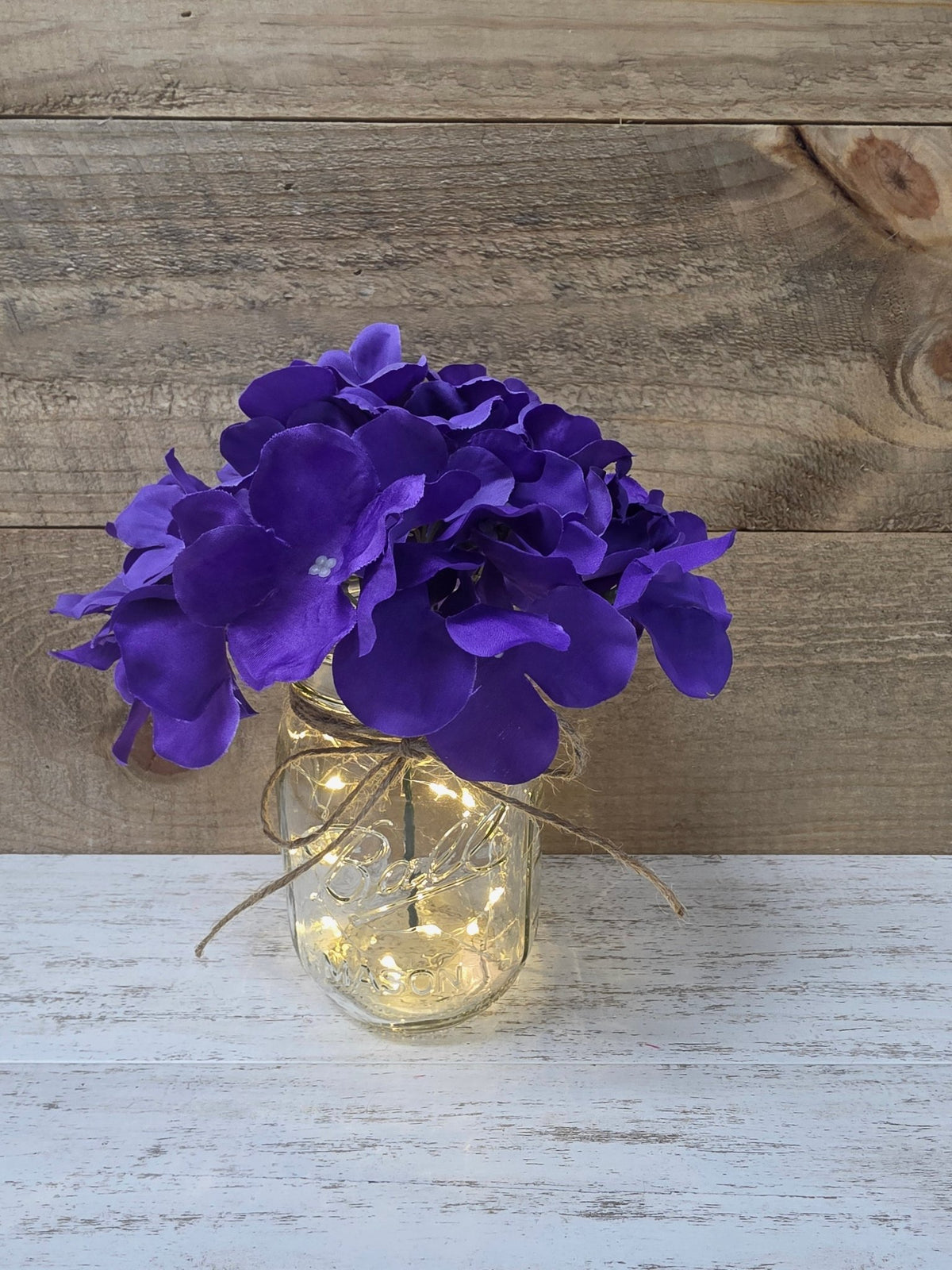 Violet Silk Hydrangea Lighted Mason Jar Centerpiece - Glassy Gal Decor