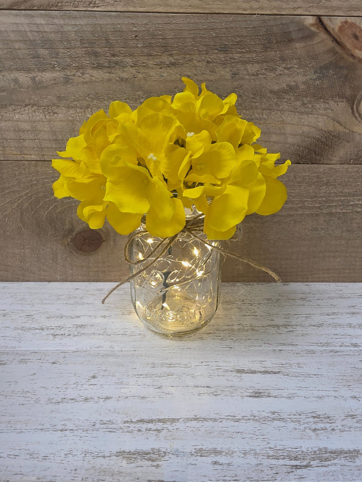 Bright Yellow Silk Hydrangea Lighted Mason Jar Centerpiece - Glassy Gal Decor