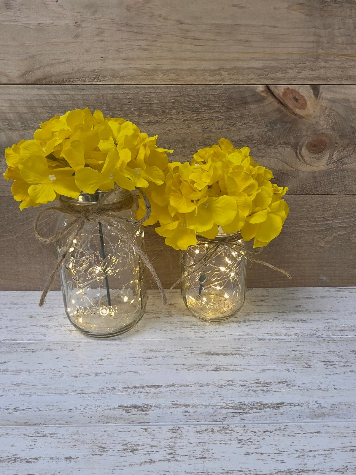 Bright Yellow Silk Hydrangea Lighted Mason Jar Centerpiece - Glassy Gal Decor