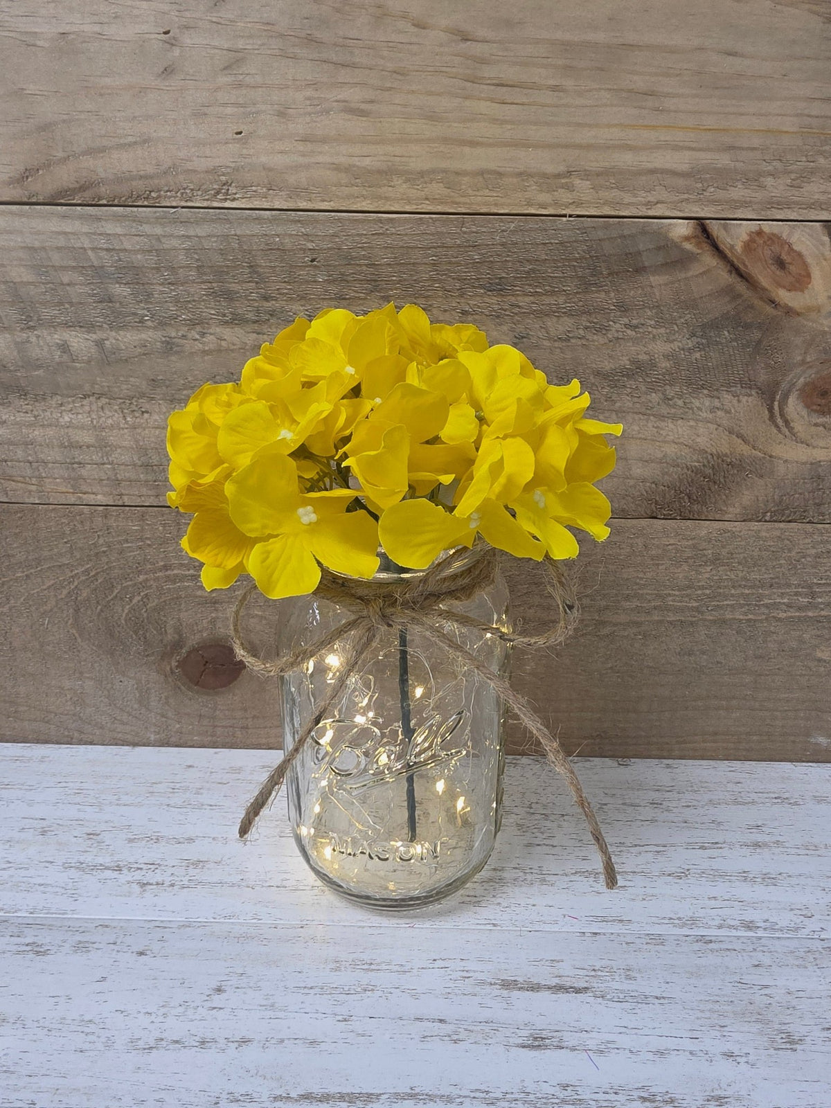Bright Yellow Silk Hydrangea Lighted Mason Jar Centerpiece - Glassy Gal Decor
