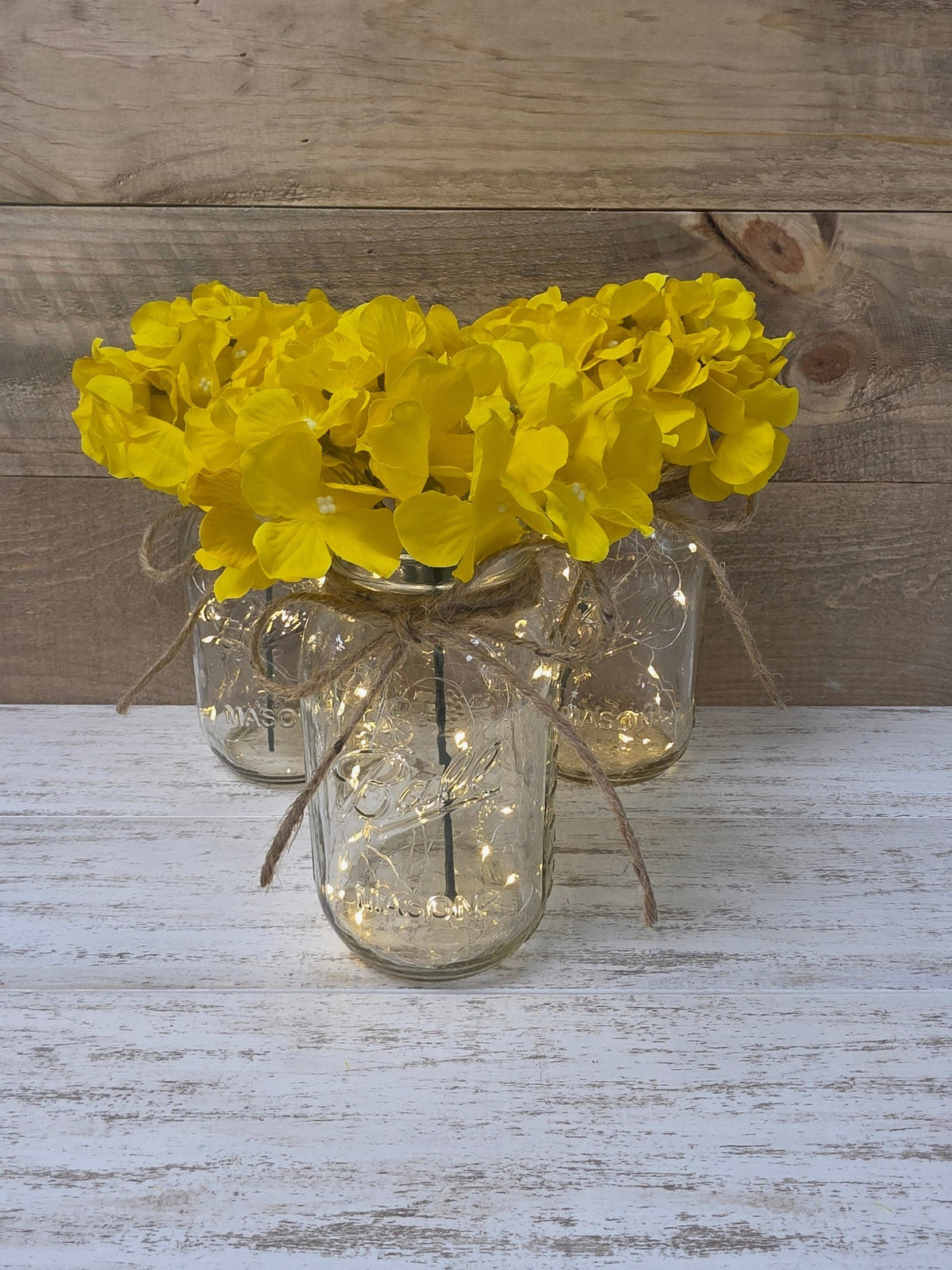 Bright Yellow Silk Hydrangea Lighted Mason Jar Centerpiece - Glassy Gal Decor