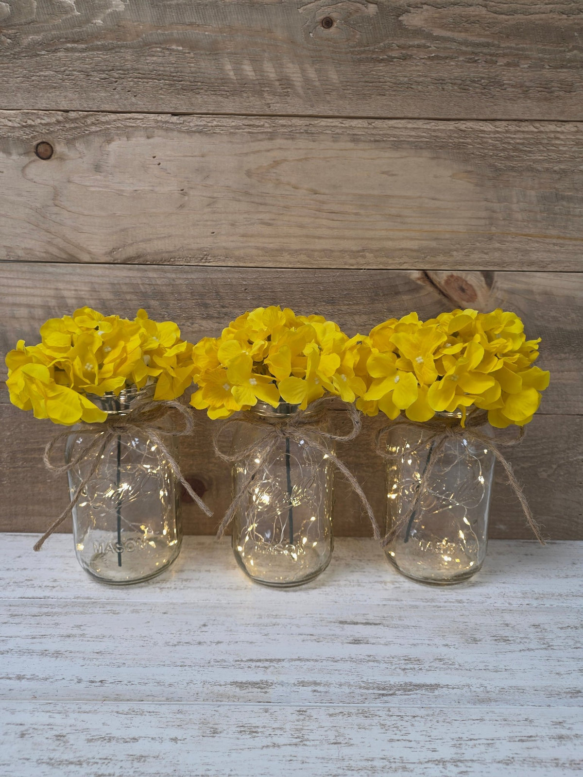 Bright Yellow Silk Hydrangea Lighted Mason Jar Centerpiece - Glassy Gal Decor