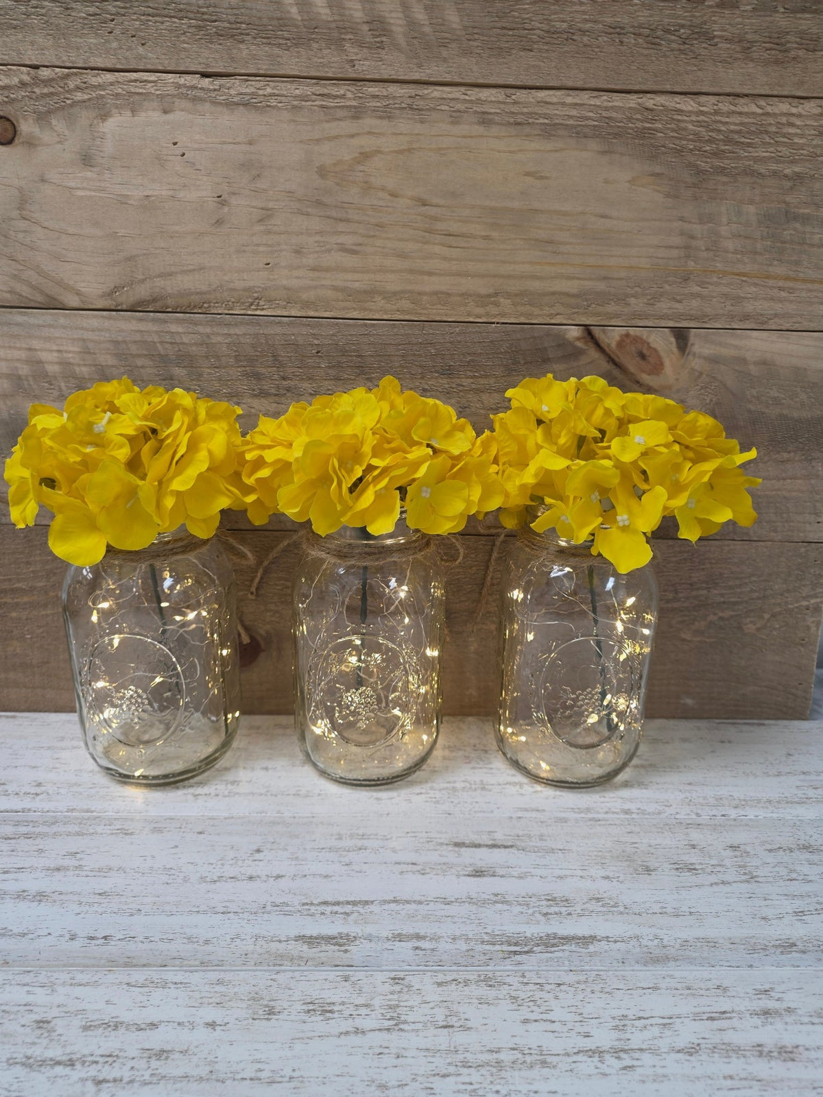 Bright Yellow Silk Hydrangea Lighted Mason Jar Centerpiece - Glassy Gal Decor