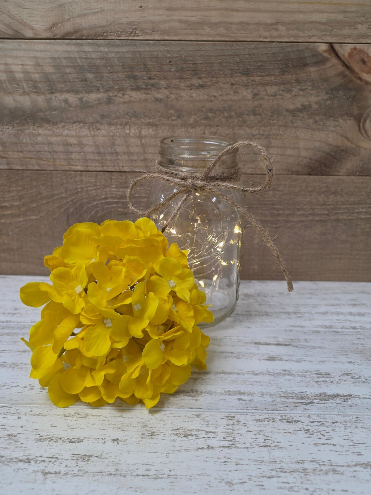 Bright Yellow Silk Hydrangea Lighted Mason Jar Centerpiece - Glassy Gal Decor