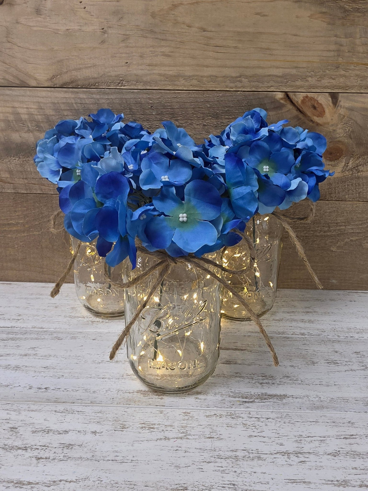 Garden Blue Silk Hydrangea Lighted Mason Jar Centerpiece - Glassy Gal Decor