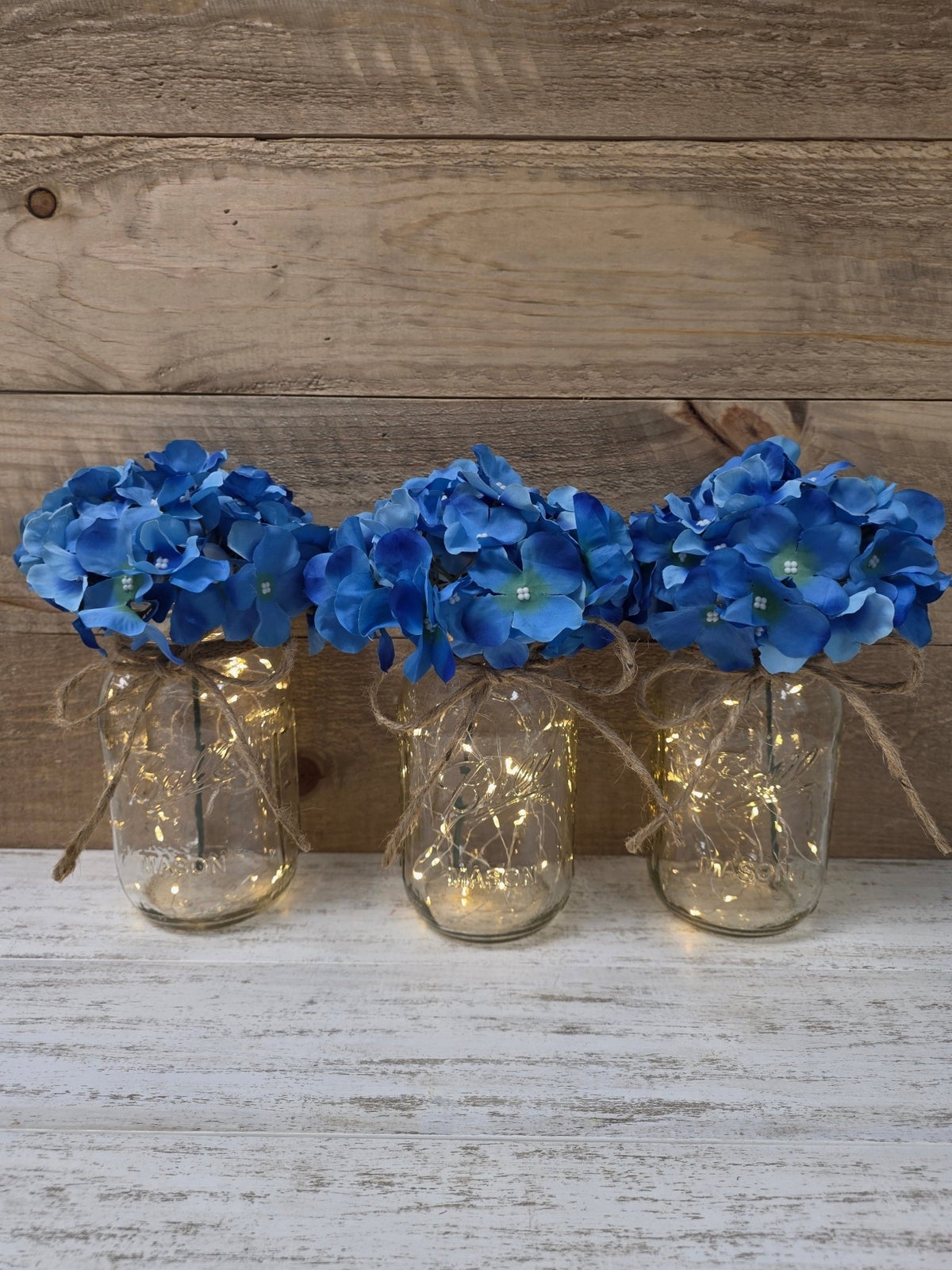Garden Blue Silk Hydrangea Lighted Mason Jar Centerpiece - Glassy Gal Decor
