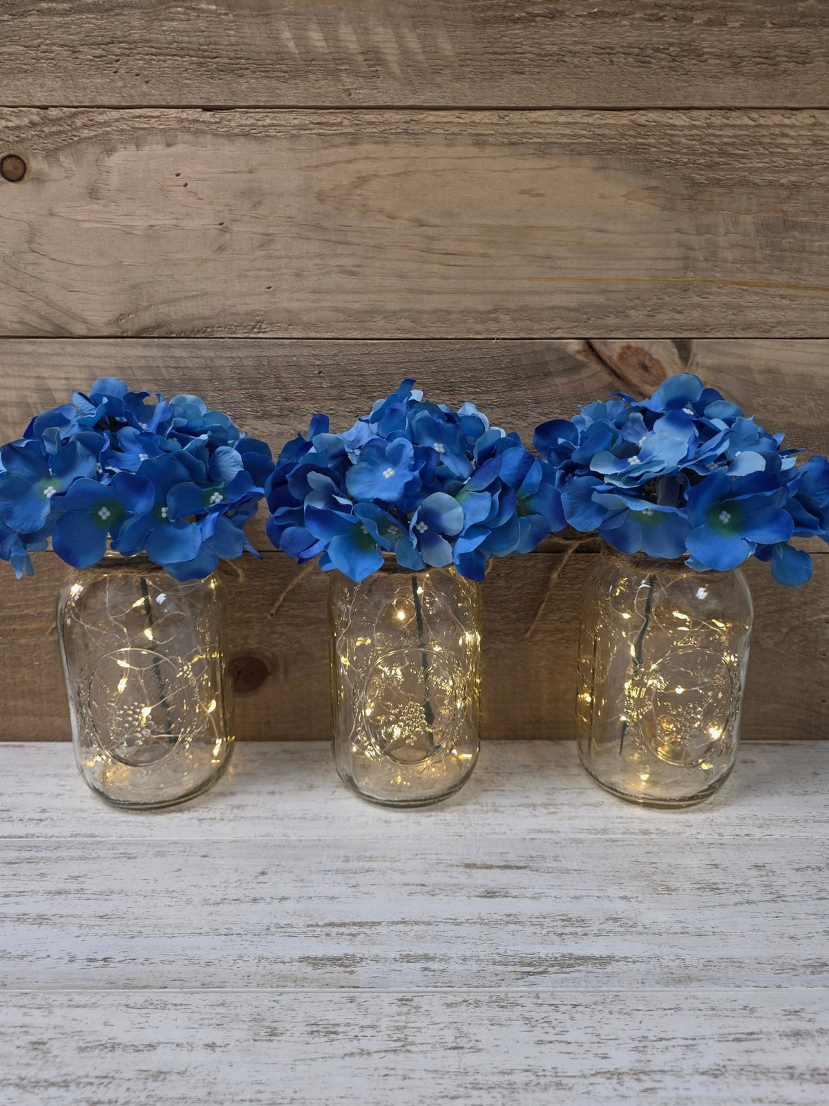 Garden Blue Silk Hydrangea Lighted Mason Jar Centerpiece - Glassy Gal Decor