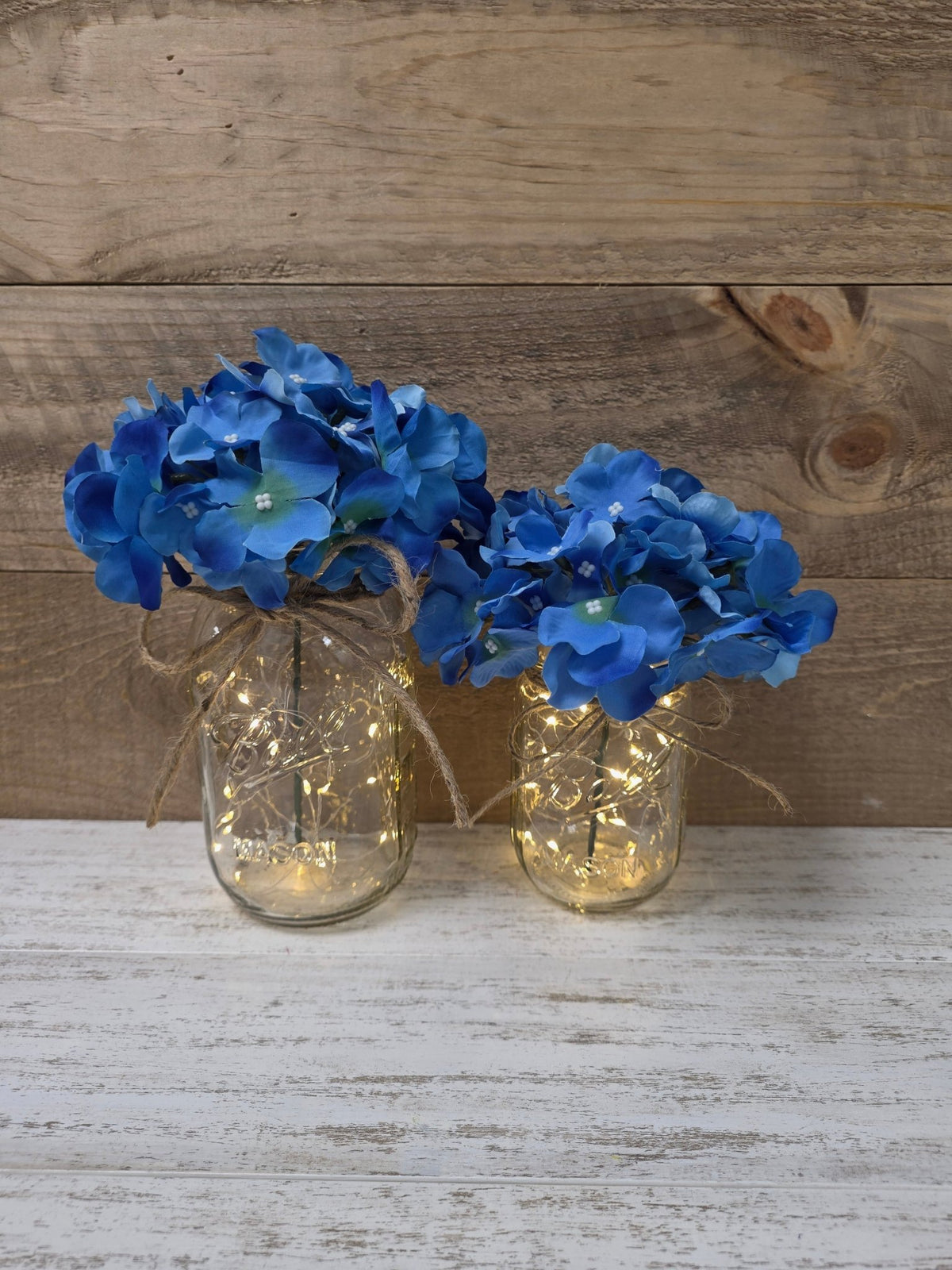 Garden Blue Silk Hydrangea Lighted Mason Jar Centerpiece - Glassy Gal Decor