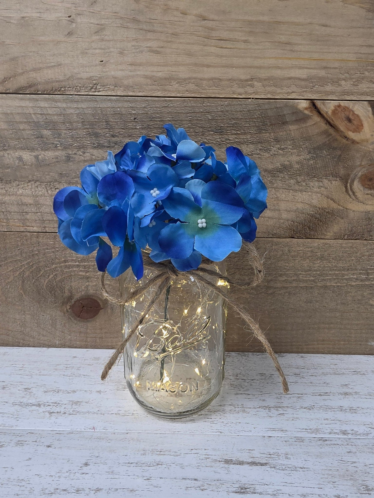 Garden Blue Silk Hydrangea Lighted Mason Jar Centerpiece - Glassy Gal Decor