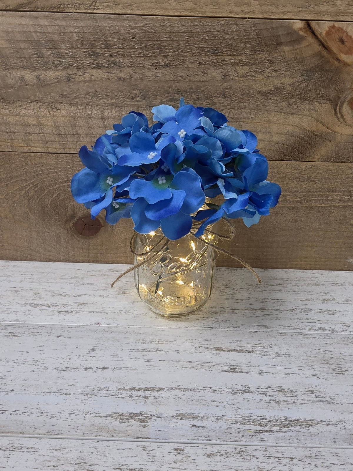 Garden Blue Silk Hydrangea Lighted Mason Jar Centerpiece - Glassy Gal Decor