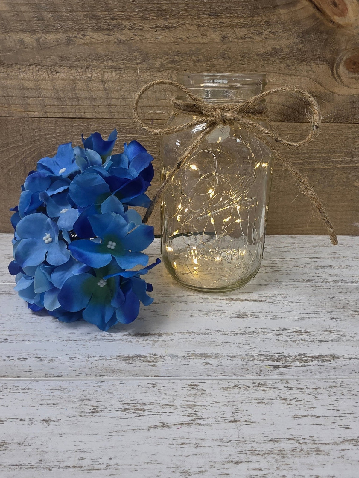 Garden Blue Silk Hydrangea Lighted Mason Jar Centerpiece - Glassy Gal Decor