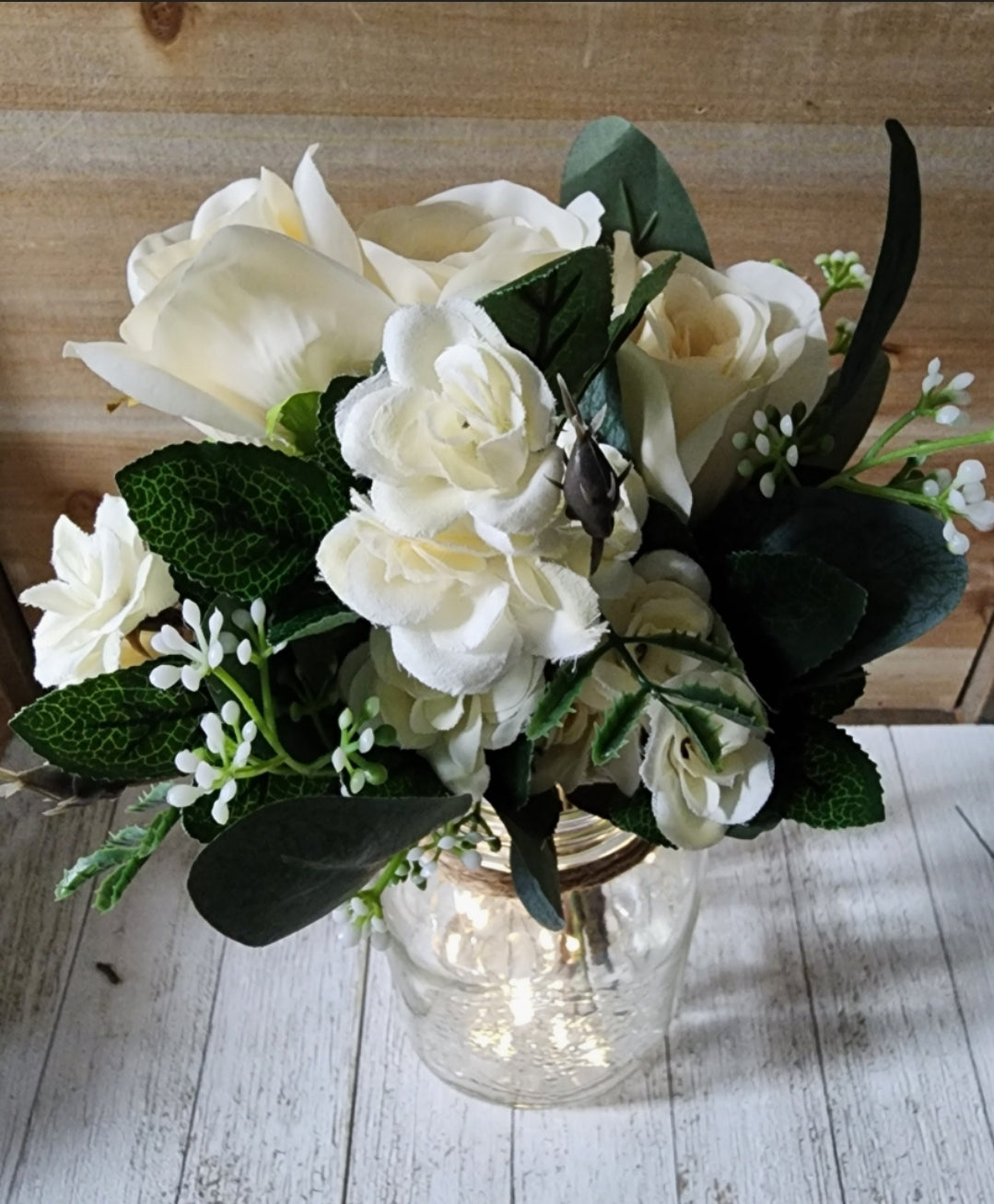 3 pc Ivory Rose and Eucalyptus Lighted Mason Jar Centerpiece Set - Free Shipping