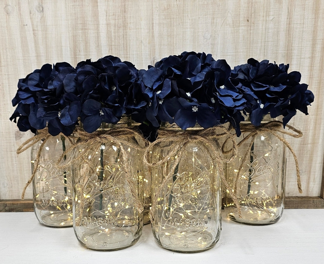 Navy Hydrangea Lighted Mason Jar Centerpiece - Free Shipping