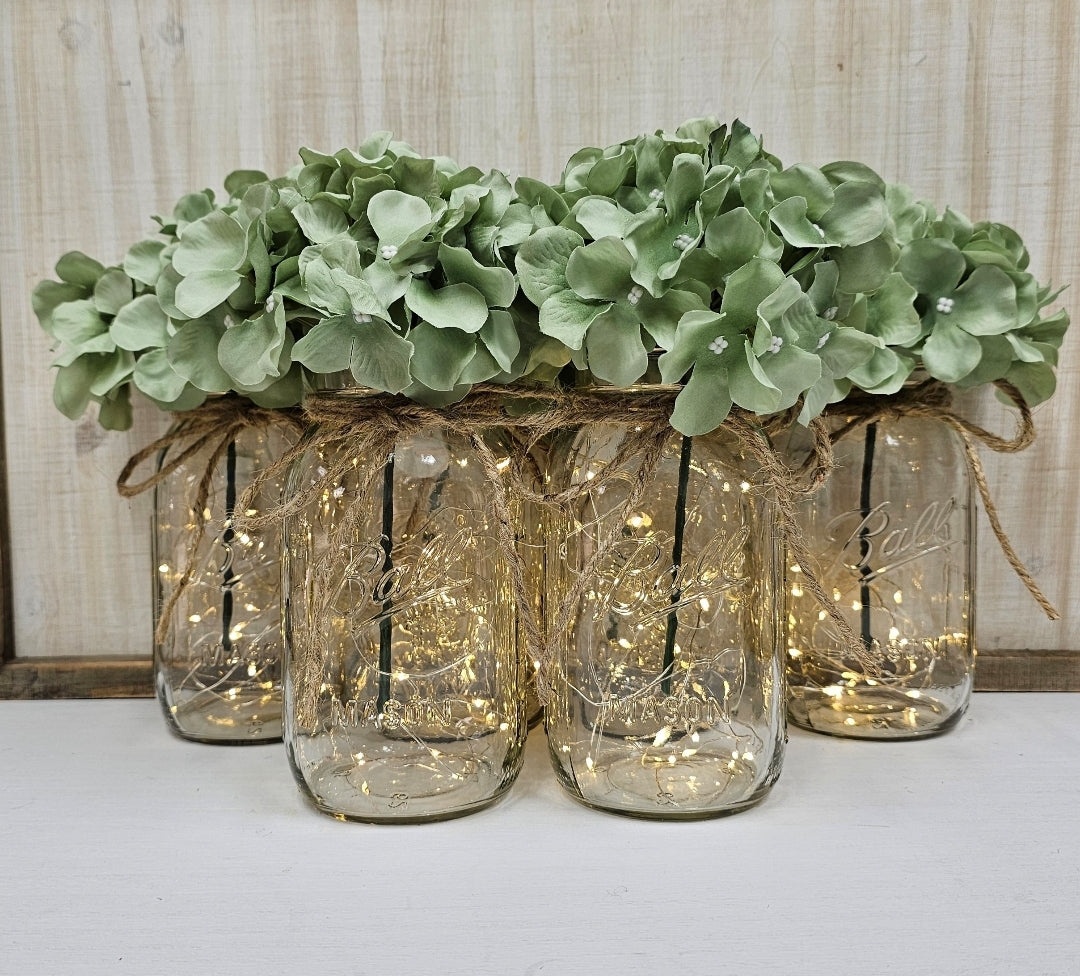 Sage Hydrangea Lighted Mason Jar Centerpiece - Free Shipping