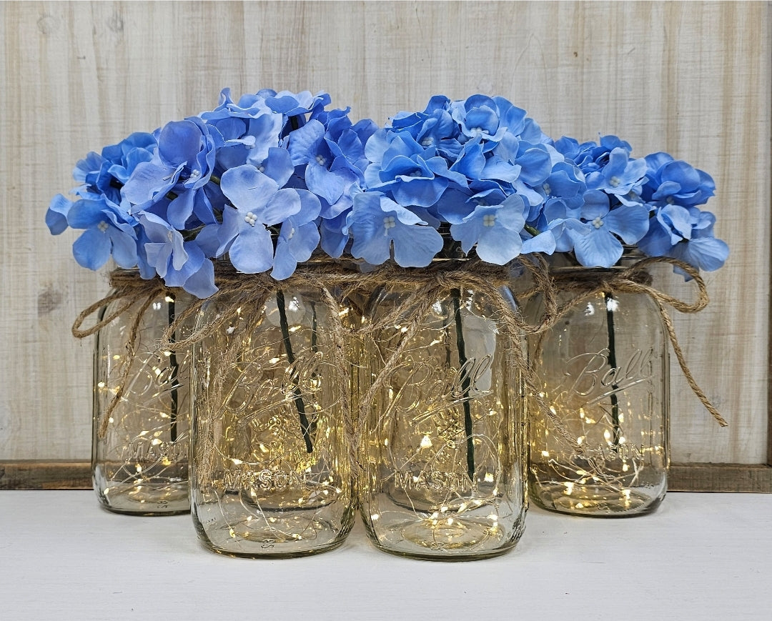 Light Blue Hydrangea Lighted Mason Jar Centerpiece - Free Shipping