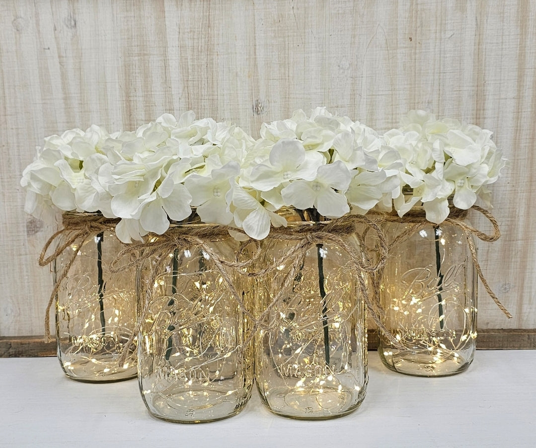 White Hydrangea Lighted Mason Jar Centerpiece - Free Shipping