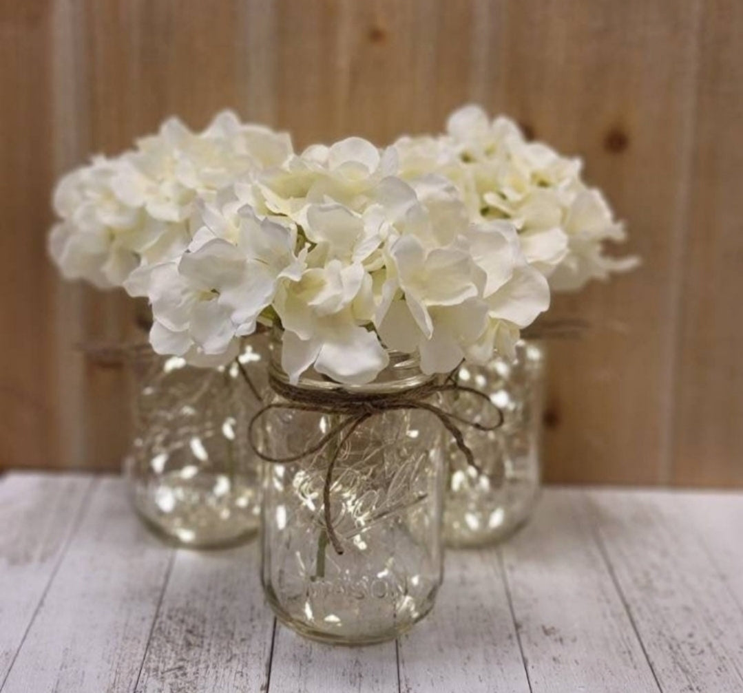 Ivory Hydrangea Lighted Mason Jar Centerpiece - Free Shipping