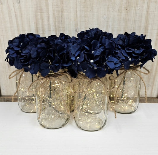 Navy Silk Hydrangea Lighted Mason Jar Centerpiece