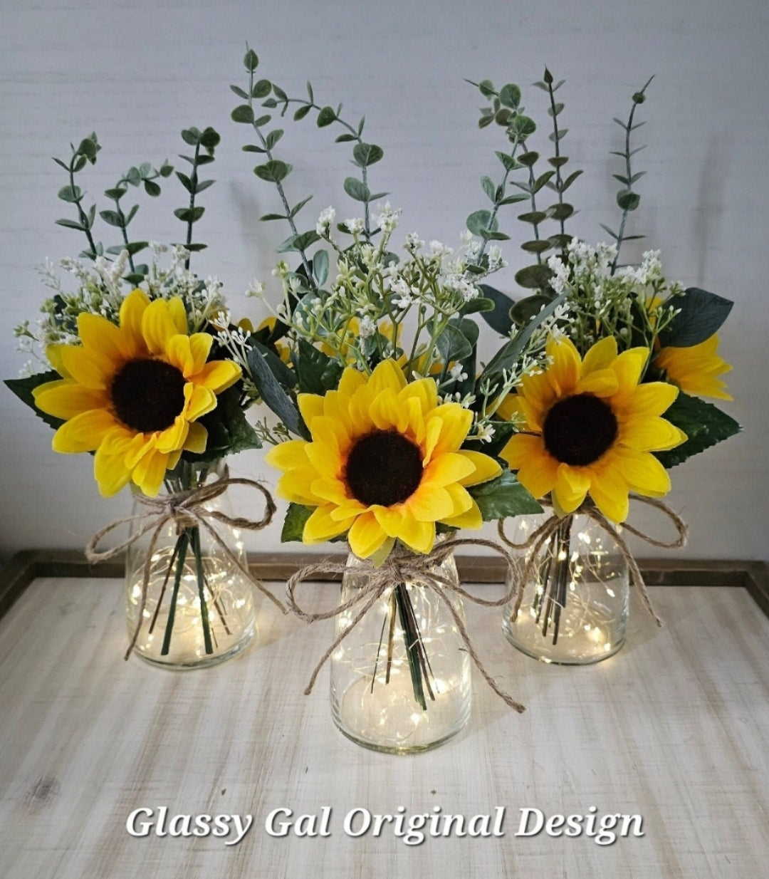 Sunflower, Eucalyptus and Babies Breath Lighted Bud Vase Centerpiece