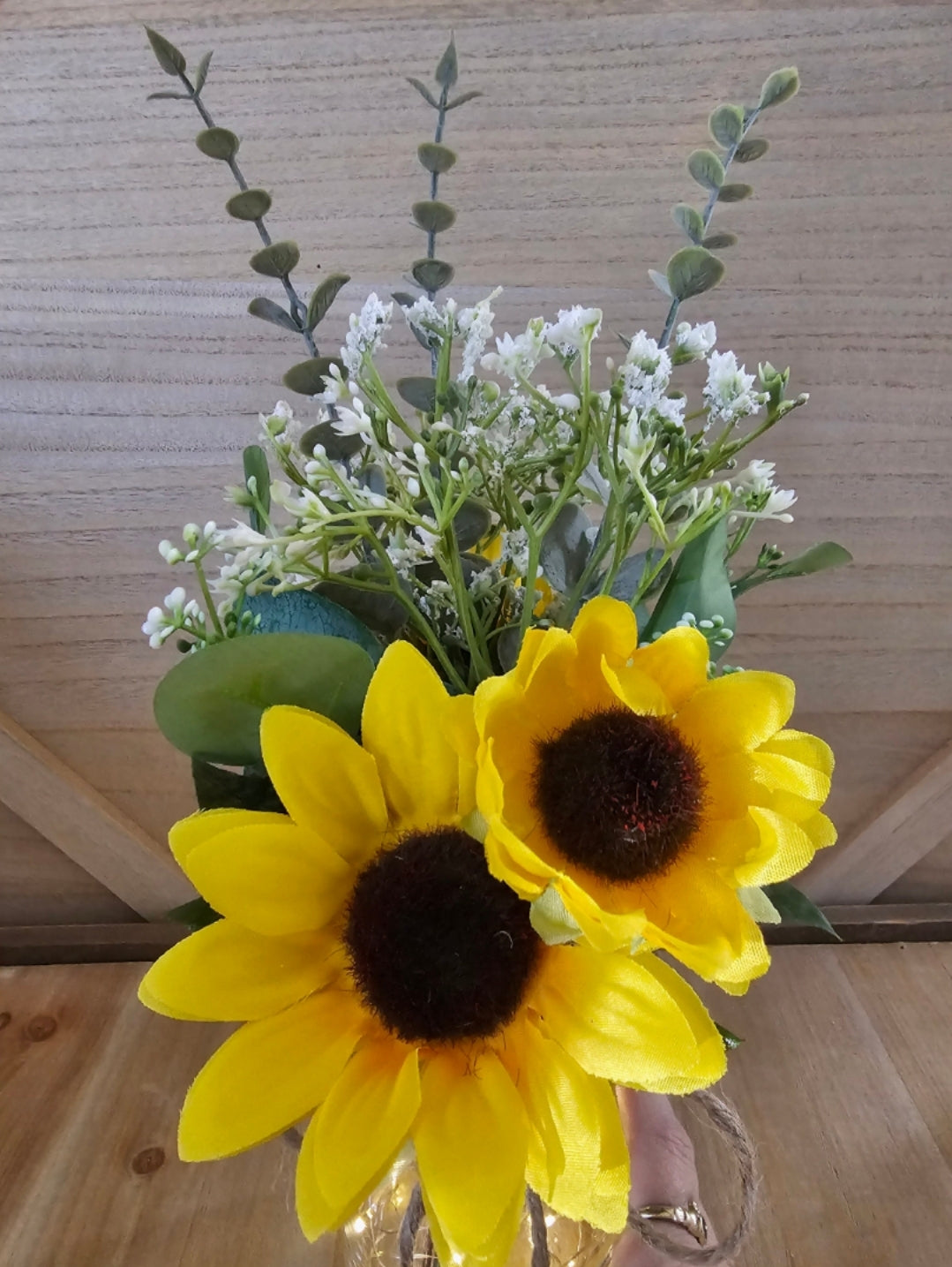 Sunflower, Eucalyptus and Babies Breath Lighted Bud Vase Centerpiece