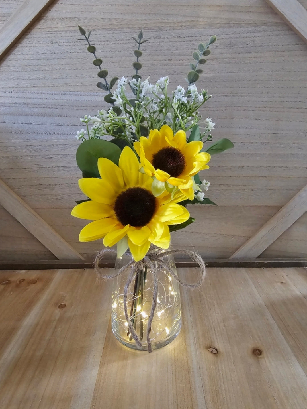 Sunflower, Eucalyptus and Babies Breath Lighted Bud Vase Centerpiece