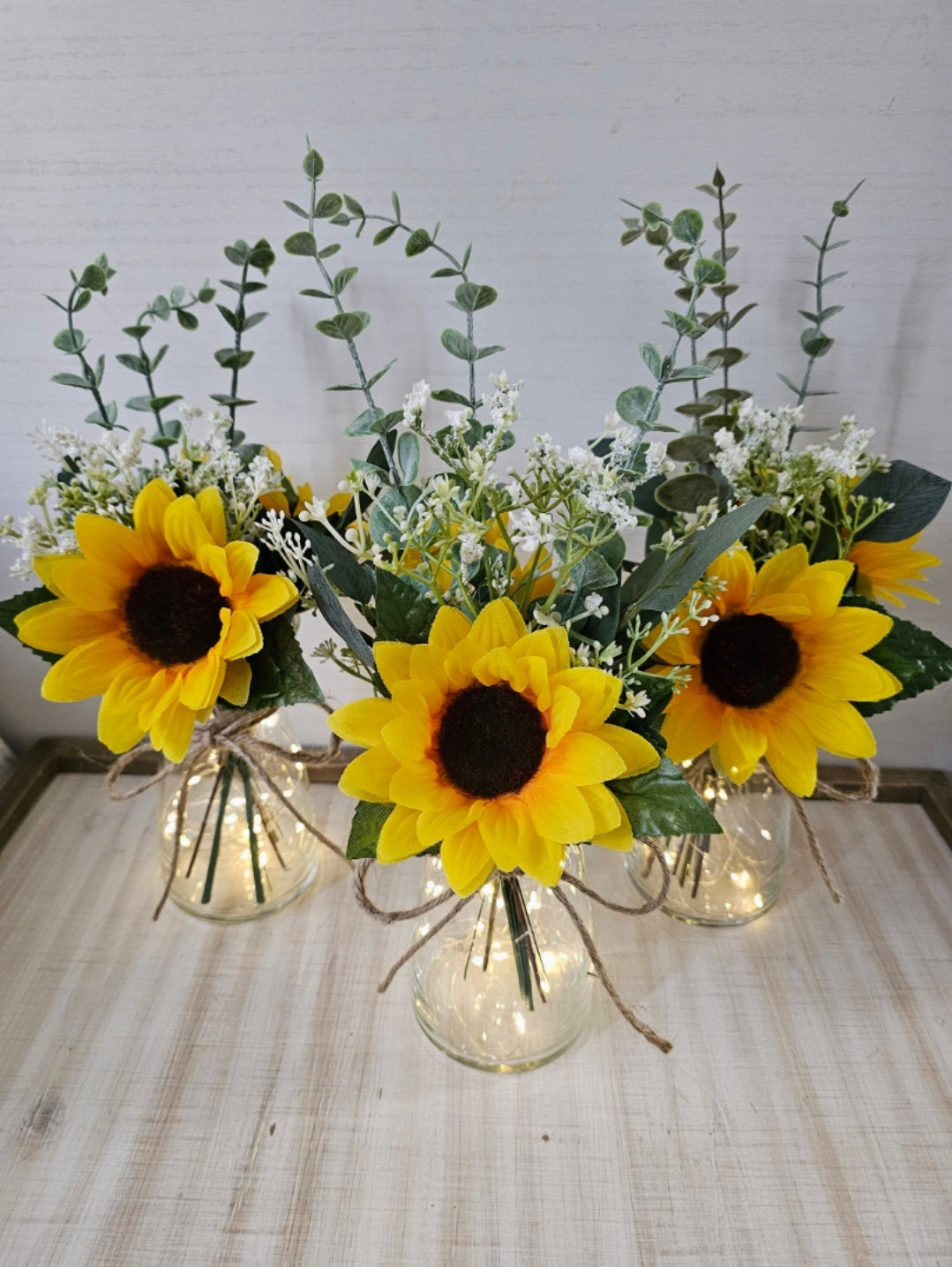Sunflower, Eucalyptus and Babies Breath Lighted Bud Vase Centerpiece