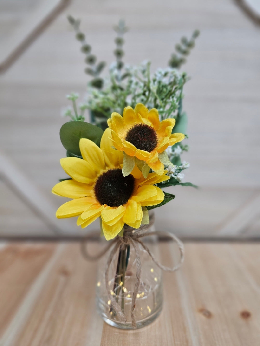 Sunflower, Eucalyptus and Babies Breath Lighted Bud Vase Centerpiece