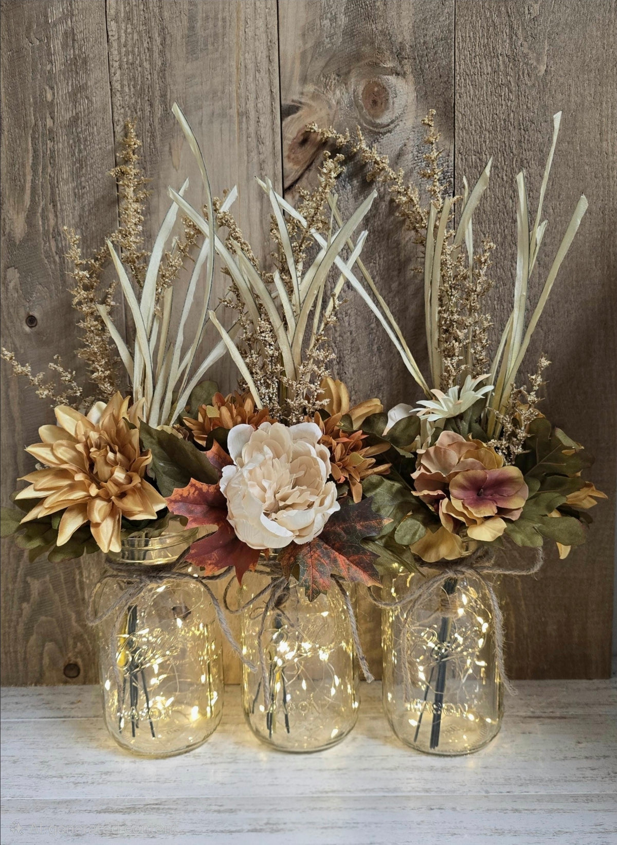 3 Piece Dahlia, Peony, & Hydrangea Fall Faux Floral Lighted Mason Jar Centerpiece Set