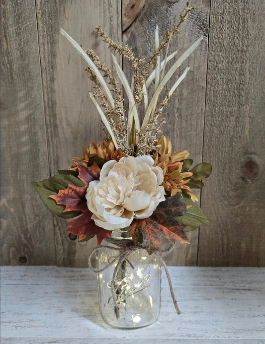 3 Piece Dahlia, Peony, & Hydrangea Fall Faux Floral Lighted Mason Jar Centerpiece Set - Glassy Gal Decor