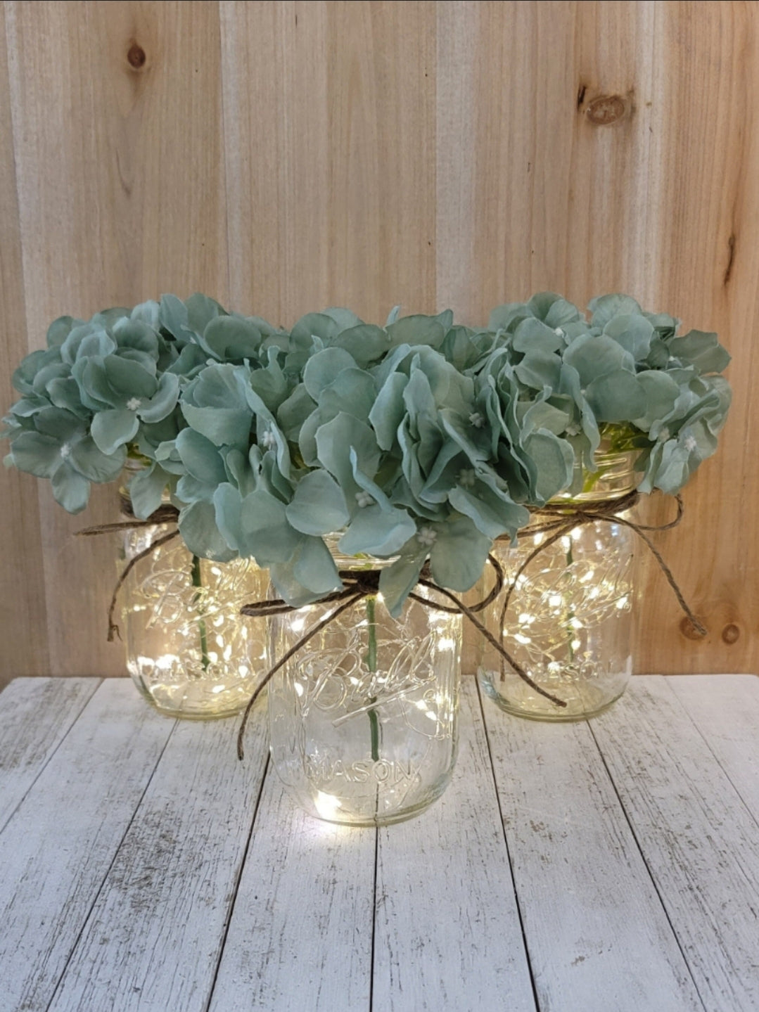 Sage Hydrangea Lighted Mason Jar Centerpiece - Free Shipping