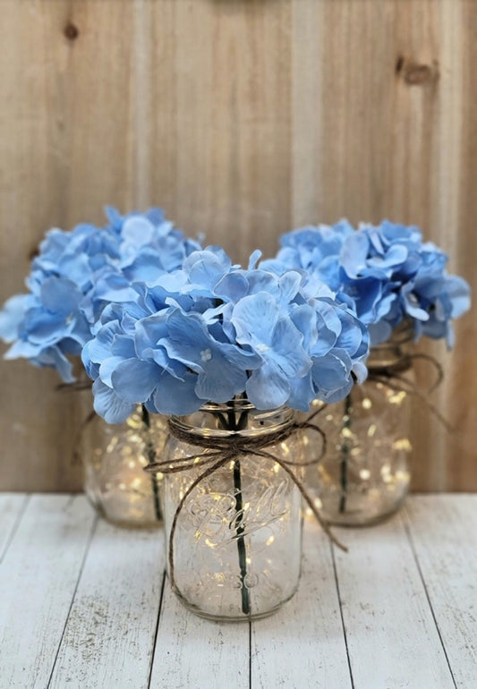 Light Blue Hydrangea Lighted Mason Jar Centerpiece