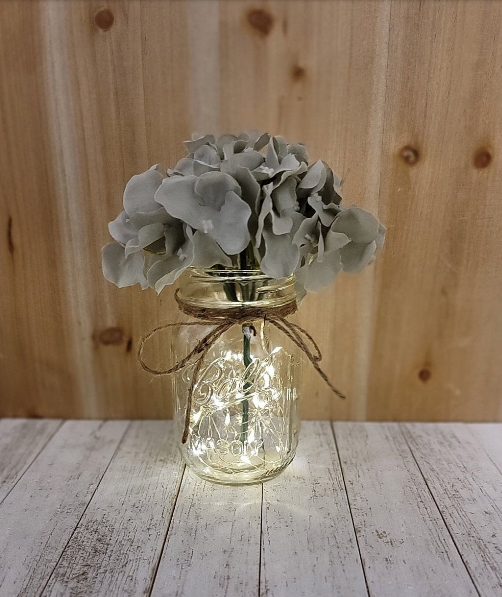 Gray Hydrangea Lighted Mason Jar Centerpiece - Free Shipping