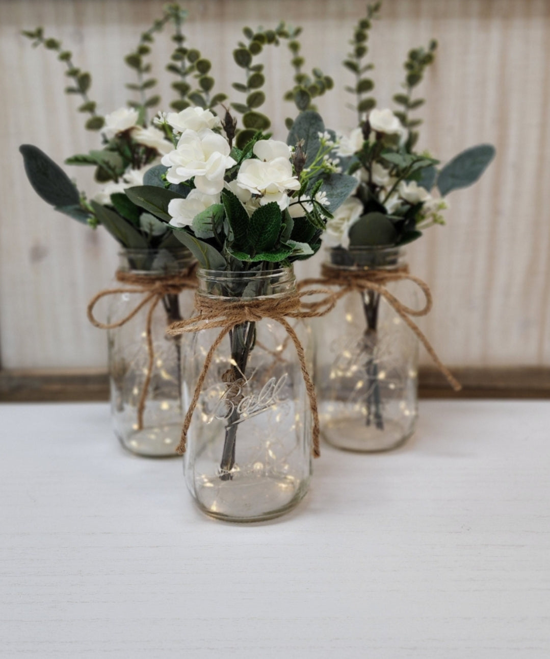 White Mini-Rose Lighted Mason Jar Centerpiece - Free Shipping