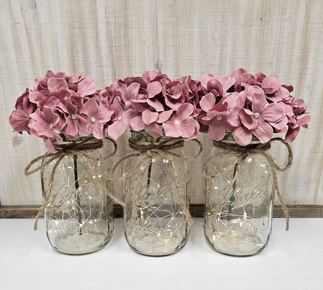 Dusty Rose Silk Hydrangea Lighted Mason Jar Centerpiece - Glassy Gal Decor