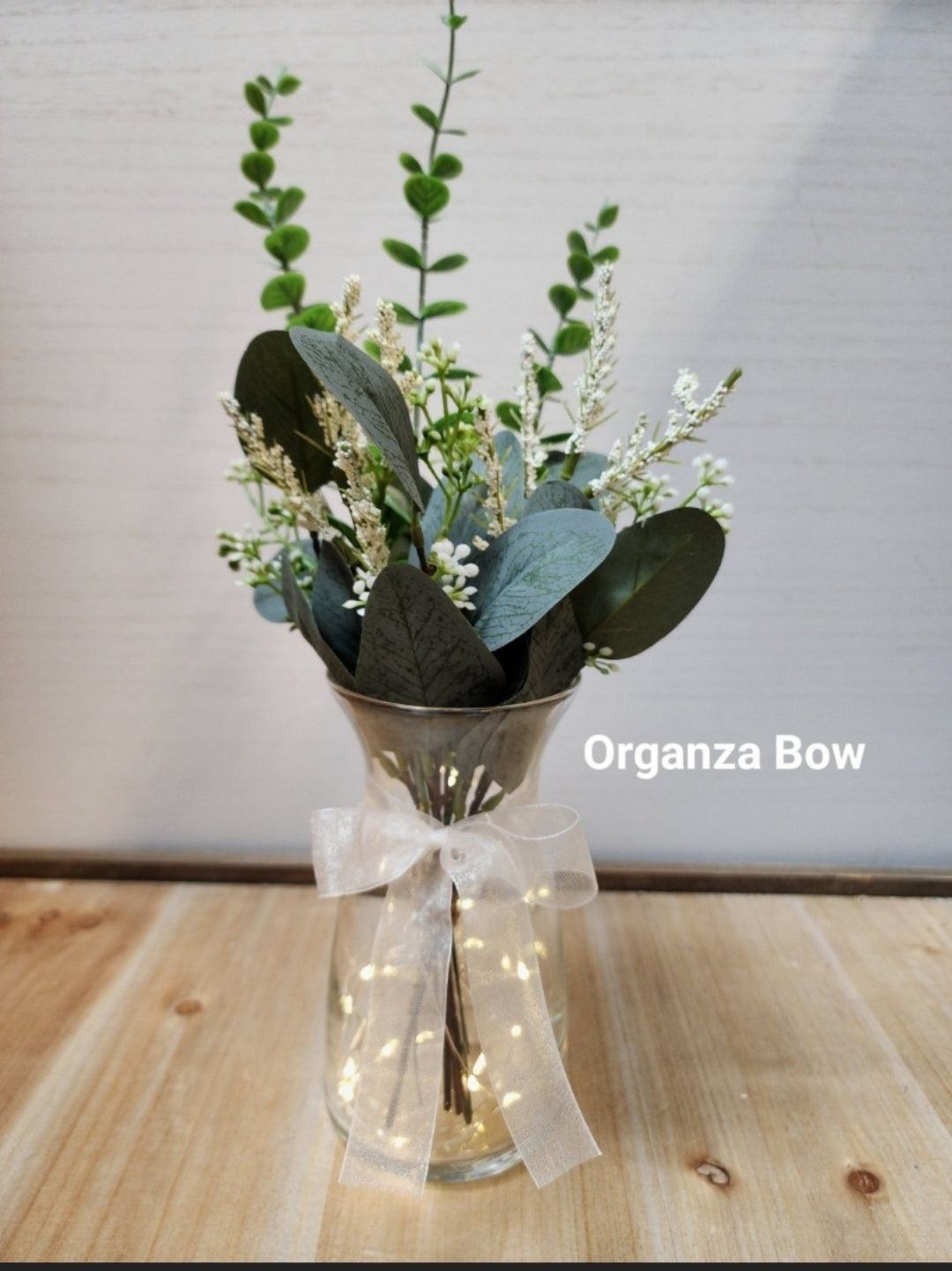 Eucalyptus and Babies Breath Lighted Bud Vase Centerpiece