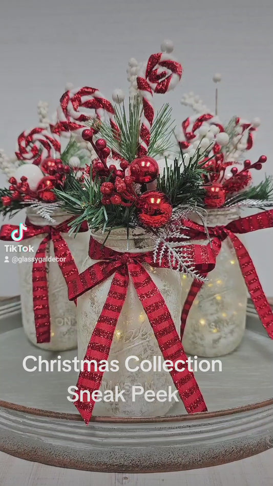 Classic Red & White Christmas Lighted Mason Jar Centerpiece