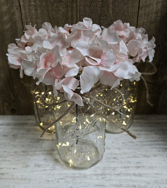 Light Pink Silk Hydrangea Lighted Mason Jar Centerpiece