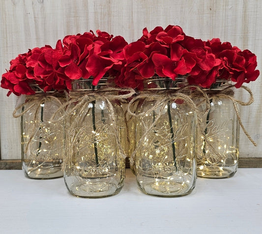 Red Silk Hydrangea Lighted Mason Jar Centerpiece