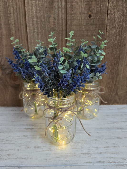 Lavender Blooms & Eucalyptus Lighted Mason Jar Centerpiece