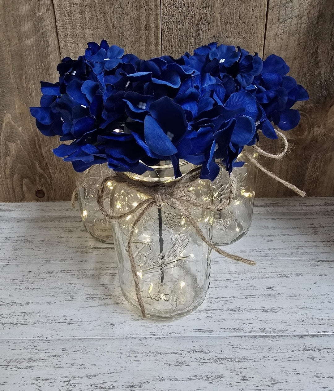 Royal Blue Silk Hydrangea Lighted Mason Jar Centerpiece