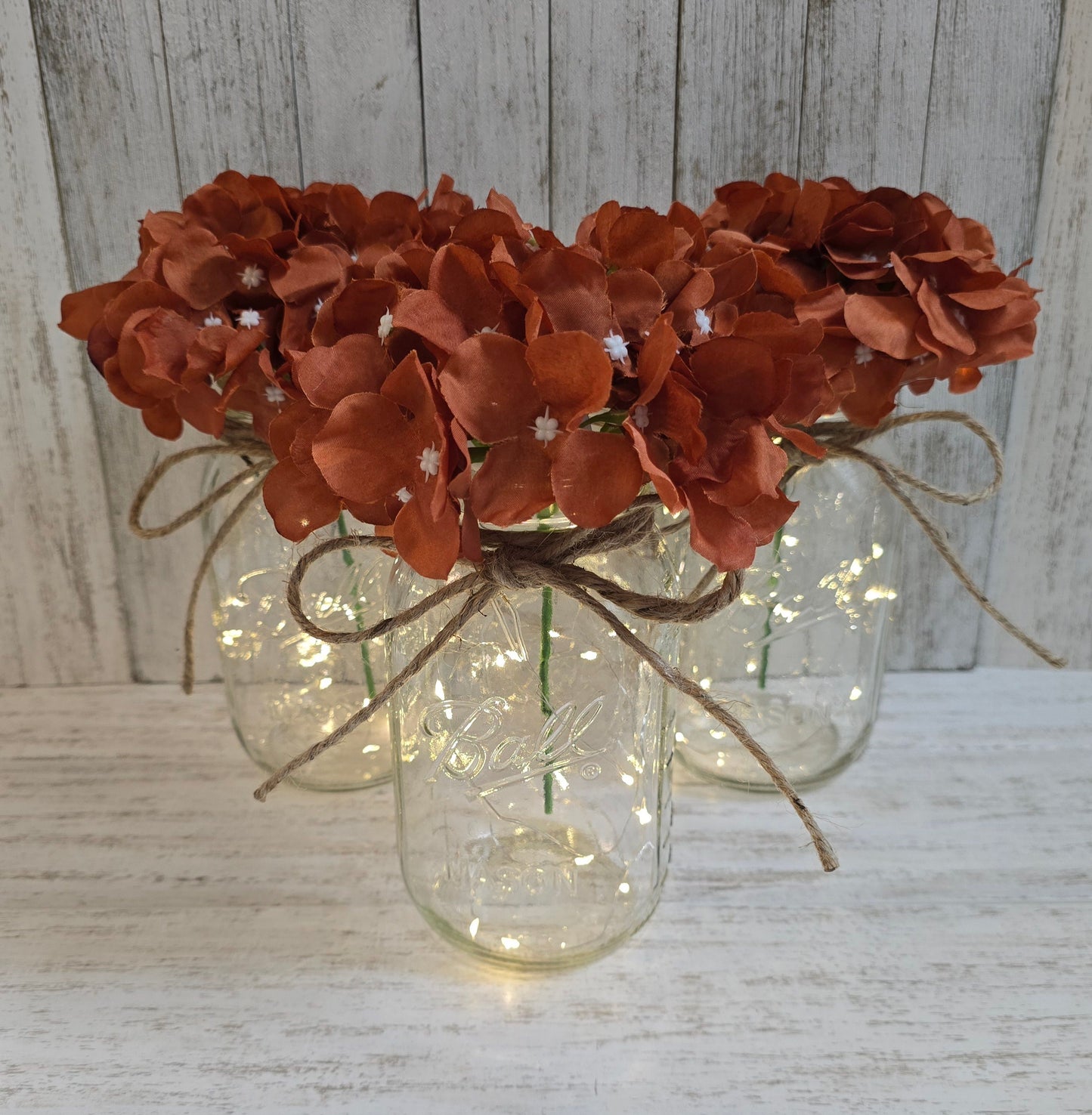 Rust  Hydrangea Lighted Mason Jar Centerpiece