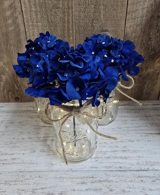 Royal Blue Silk Hydrangea Lighted Mason Jar Centerpiece