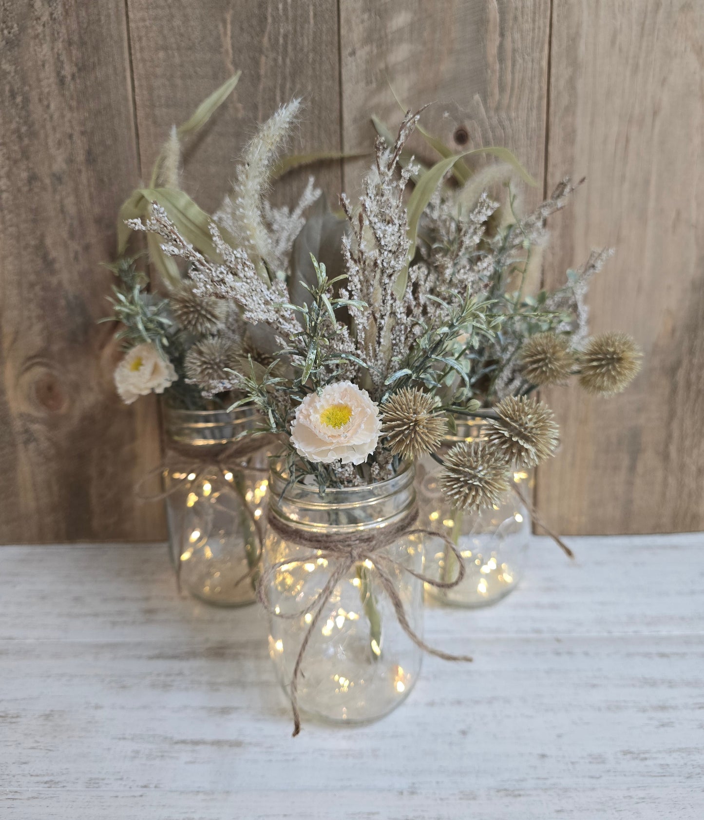 Faux Beige & Wild Grass Lighted Pint Mason Jar Centerpiece