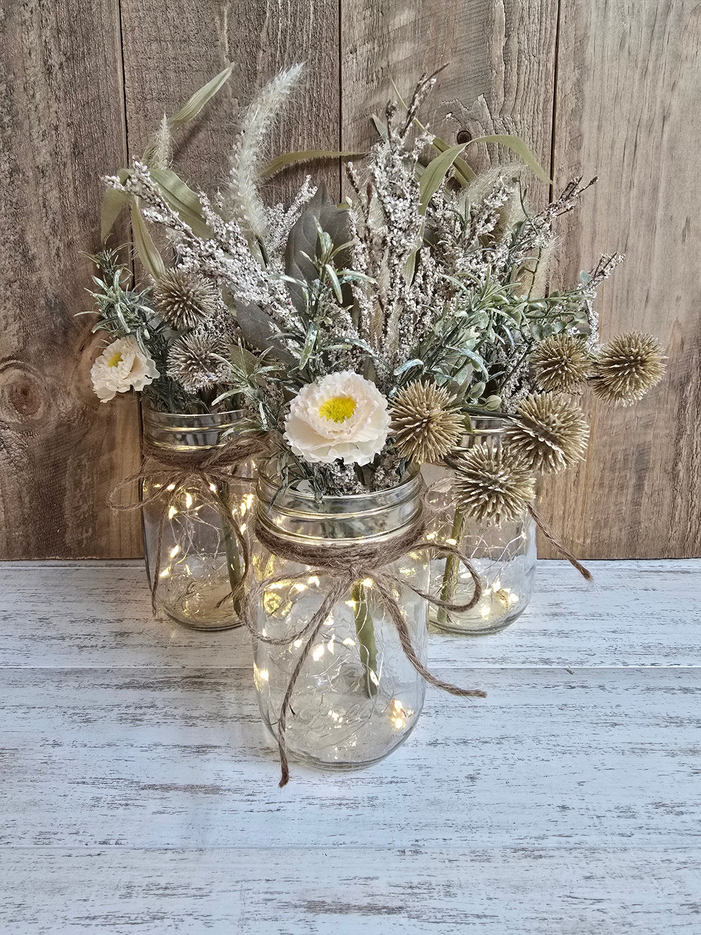 Faux Beige & Wild Grass Lighted Pint Mason Jar Centerpiece