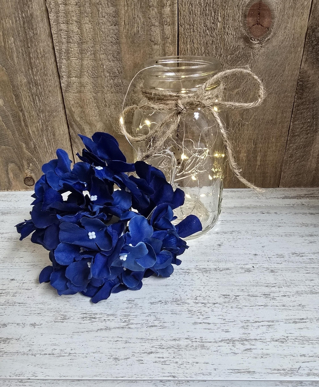 Royal Blue Silk Hydrangea Lighted Mason Jar Centerpiece