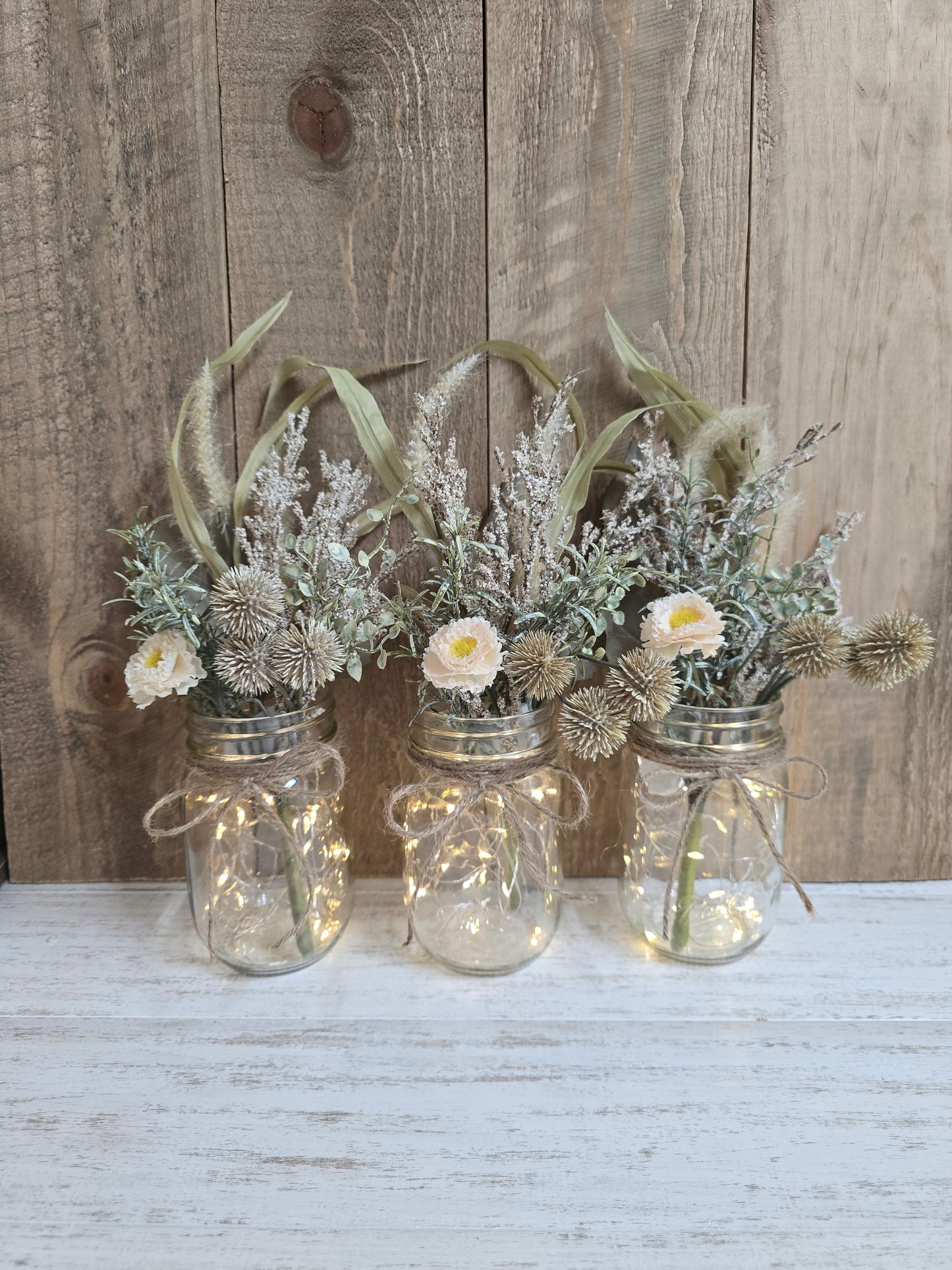 Faux Beige & Wild Grass Lighted Pint Mason Jar Centerpiece