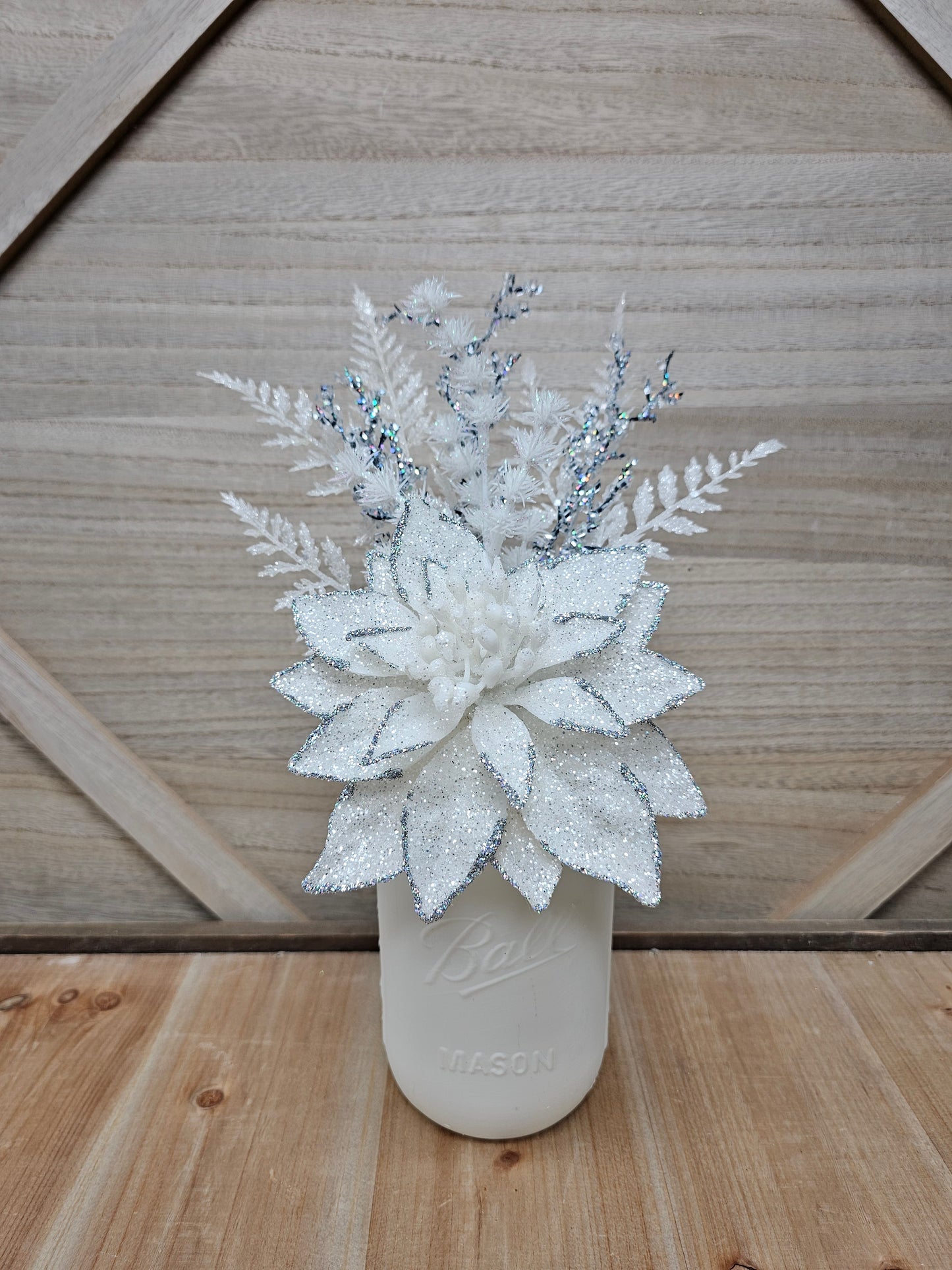 White Ice Poinsettia Mason Jar Centerpiece - Free Shipping